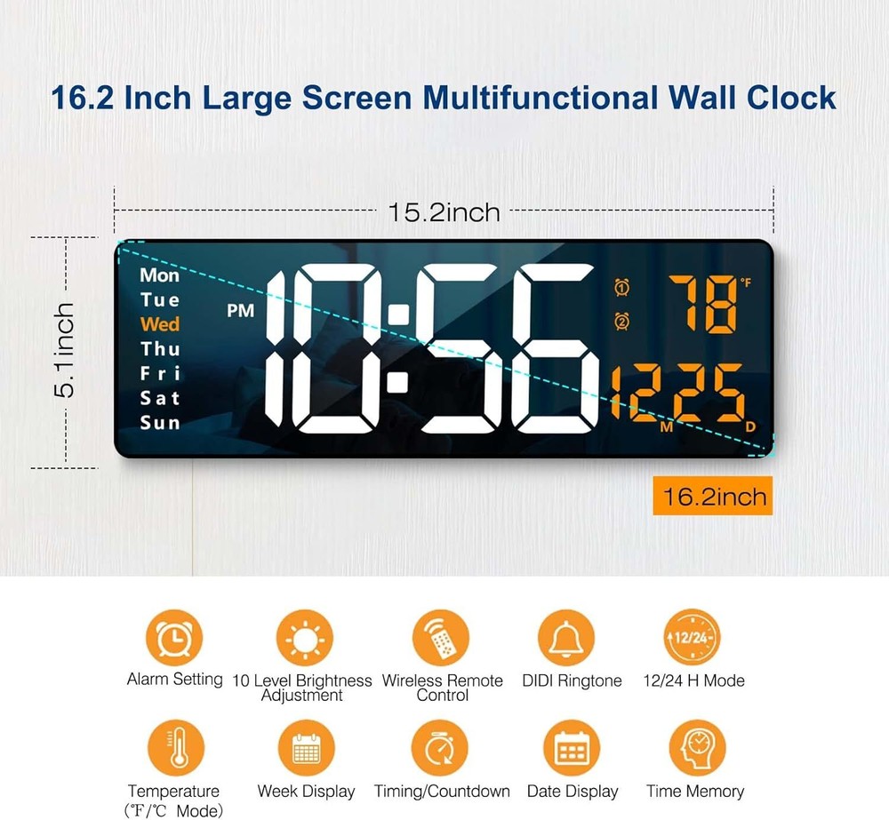 Digital Wall Clock Large Display, 6.2''LED Digital Clock with Remote Control