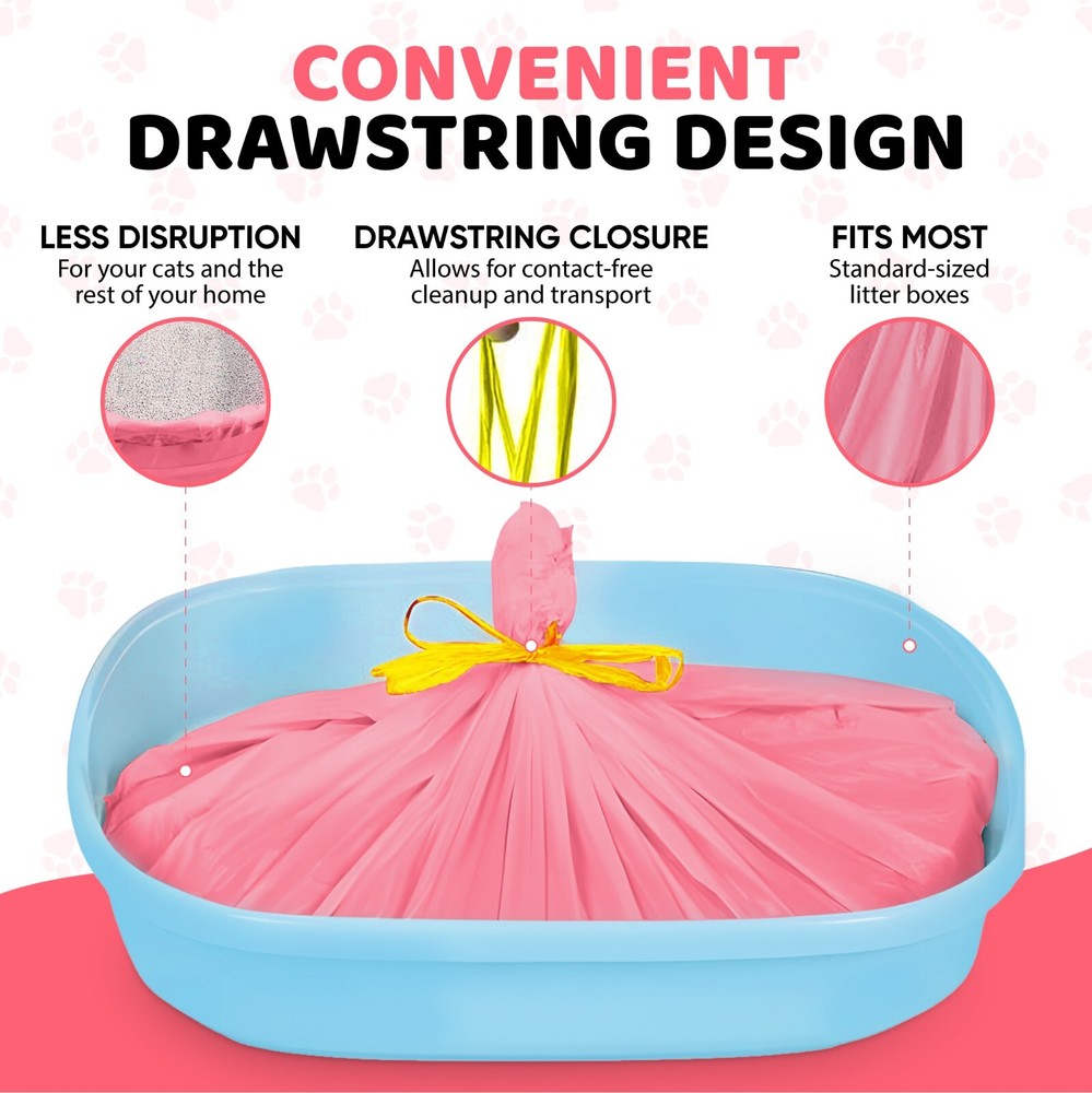 20 Count Cat Litter Box Liners, Pink Color, Drawstring, Extra Large, Kitty Litty