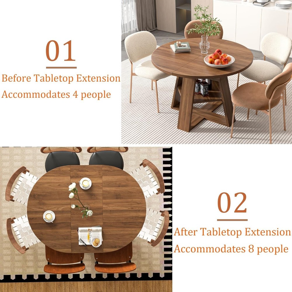 Modern Walnut Dining Table with Removable Leaves for 4-8 - Space Saving Design