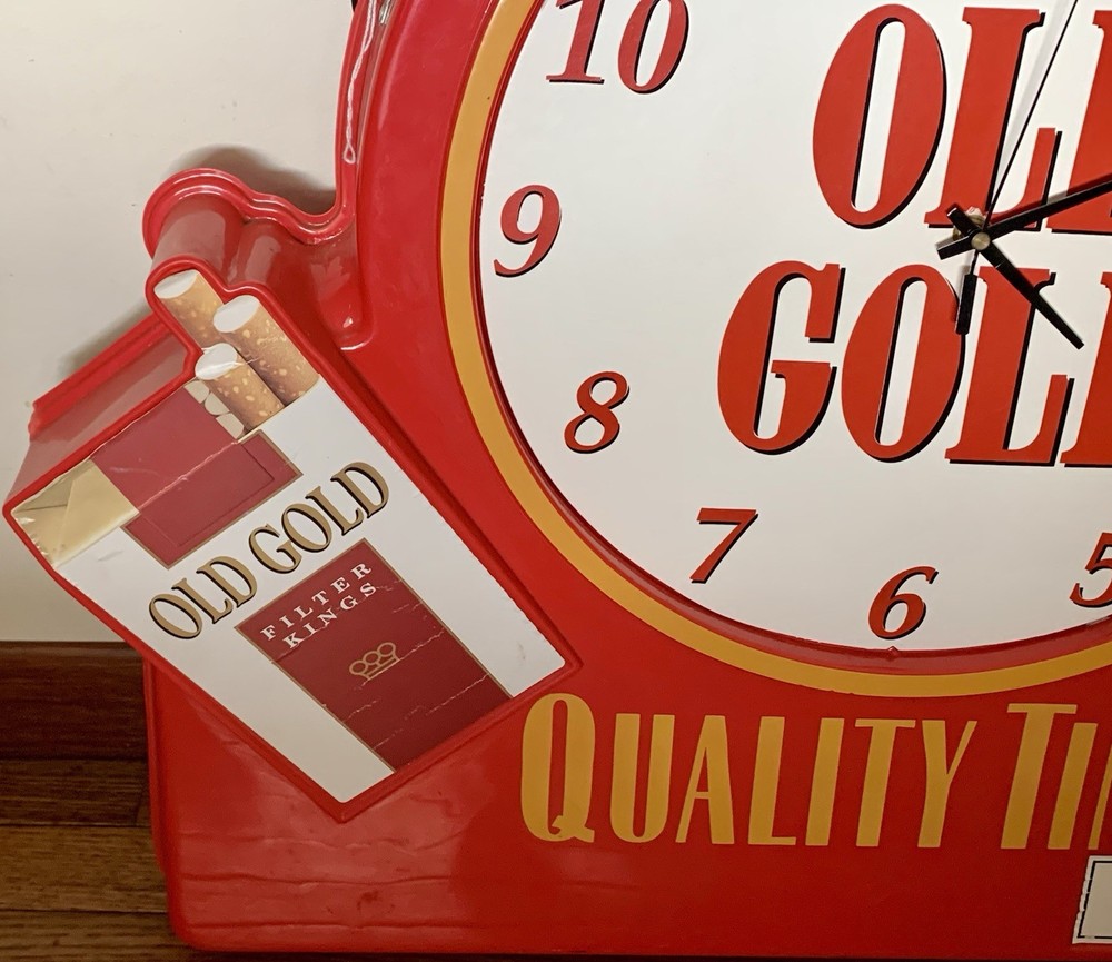 Old Gold Cigarette Clock QUALITY TIME -2 Sided Store Display Plastic Battery Op.