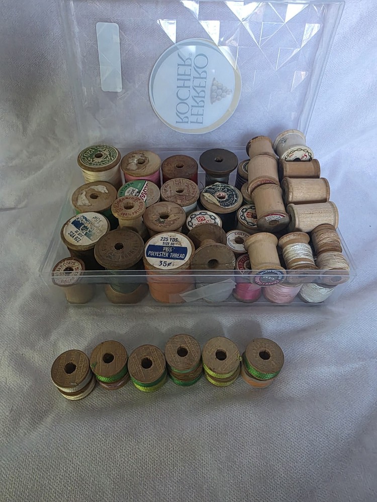 vintage mid century Box With Thread 53 spools of thread