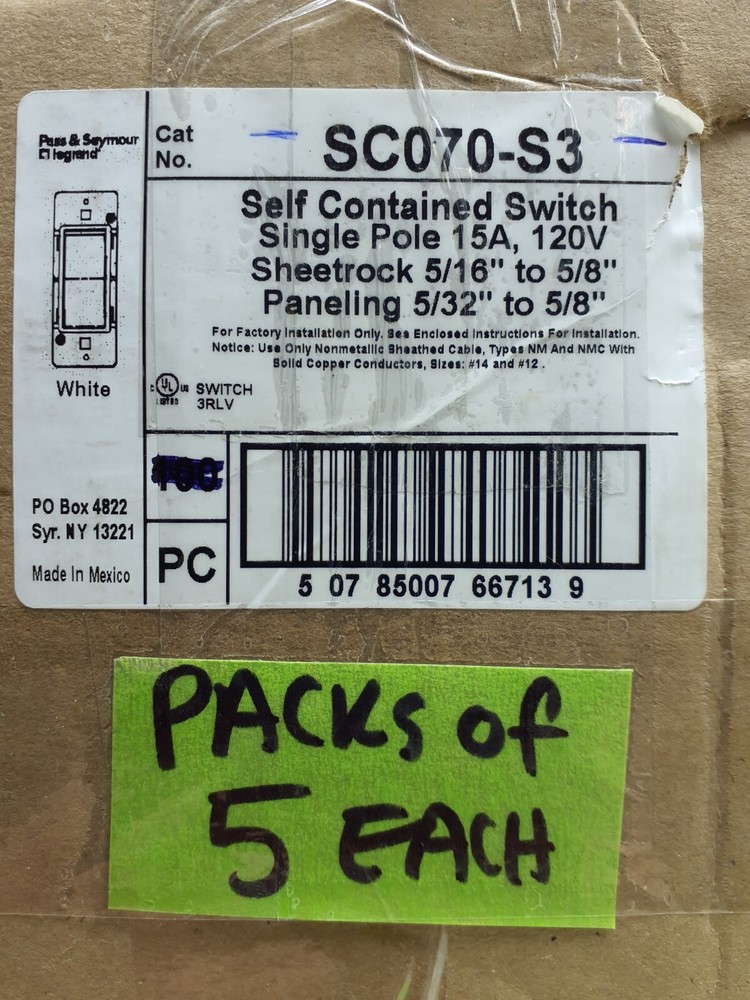 5 Pack P&S RVSC070S3 Single Pole Decorator Switch w/Back On/Off White 15A 120VAC