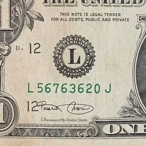 L56763630J $ Misaligned Misprint Overprint Shift Error Note One Dollar Bill 2003
