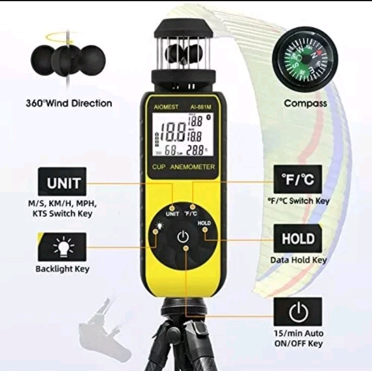 Handheld Wind Cup Anemometer with Direction, Digital Wind Speed Meter Gauge