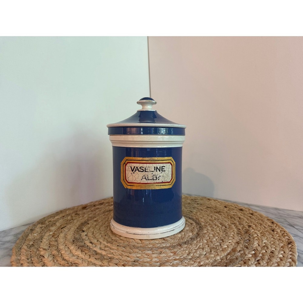 Antique blue and white large glazed earthenware apothecary jar