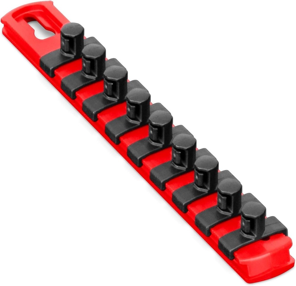 Ernst 8-Inch Socket Organizer with 9 Twist Lock Clips - Secure Tool Storage Red