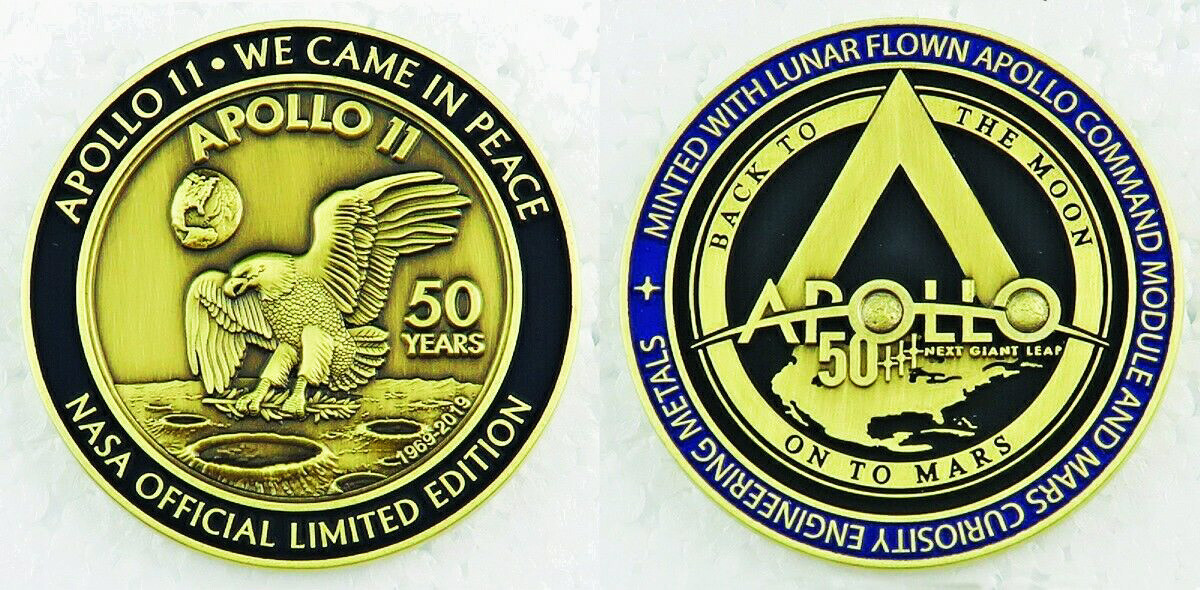 APOLLO 11 50th Anniversary-BACK TO THE MOON-LUNAR FLOWN METAL MEDALLION - W/COA
