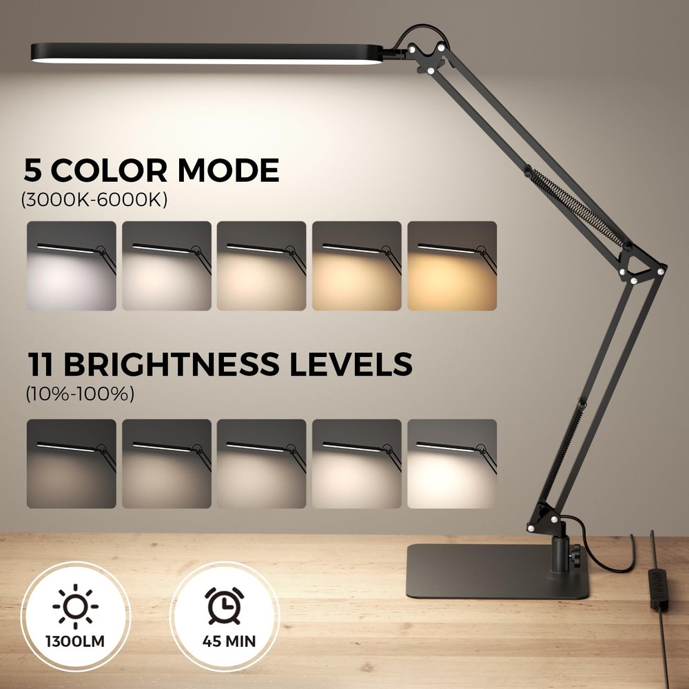Dimmable LED Desk Lamp with Timer, Eye Protection & Memory Function, 1300LM