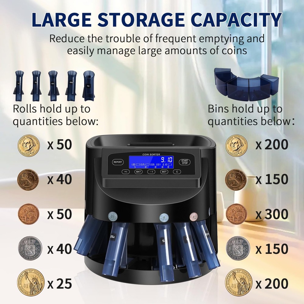 Coin Counter and USD Sorter with LCD Display, Automatic Change Black