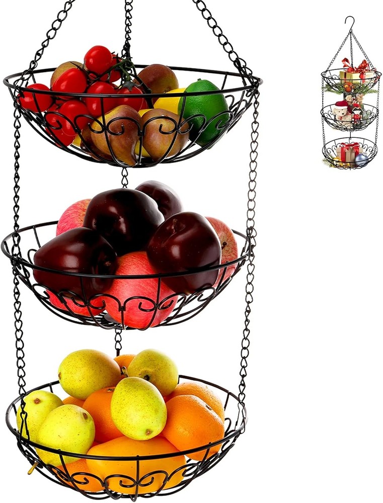 3-Tier Hanging Fruit Basket Heavy Duty Wire Baskets Kitchen Rustic Hanging