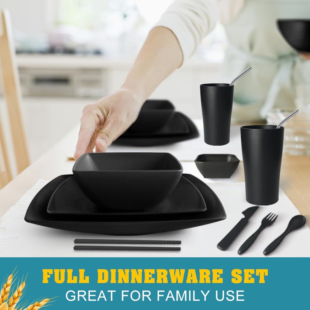 Teivio 88-piece With Flatware Plastic Kitchen Wheat Straw Square Dinnerware Set