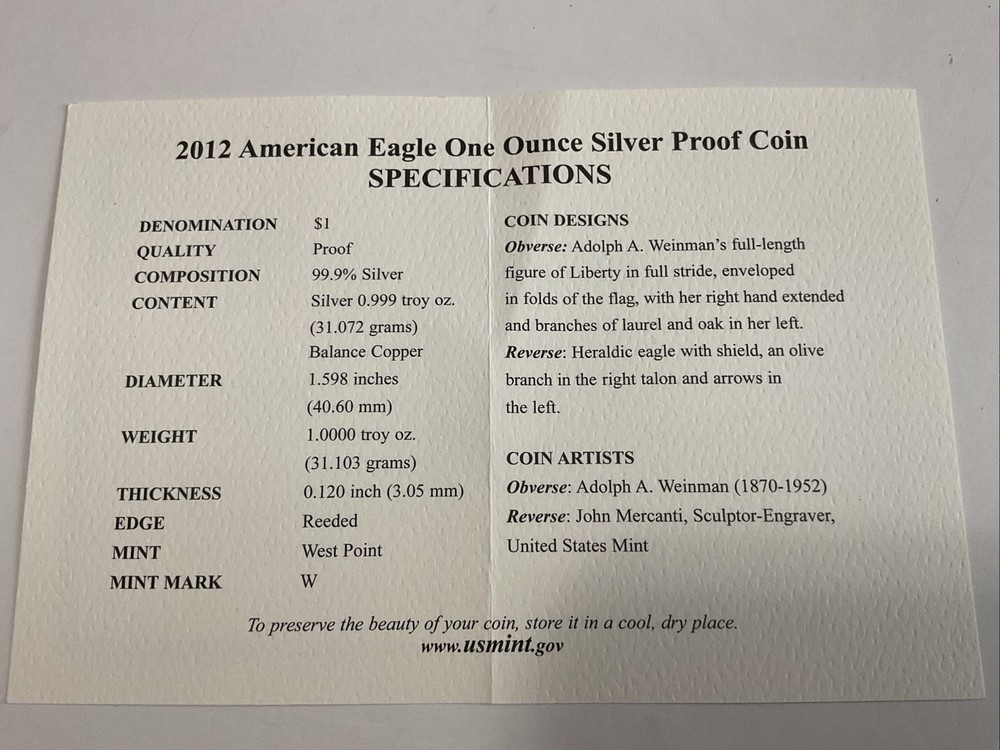 2012-W Proof American Silver Eagle Box, OGP & COA