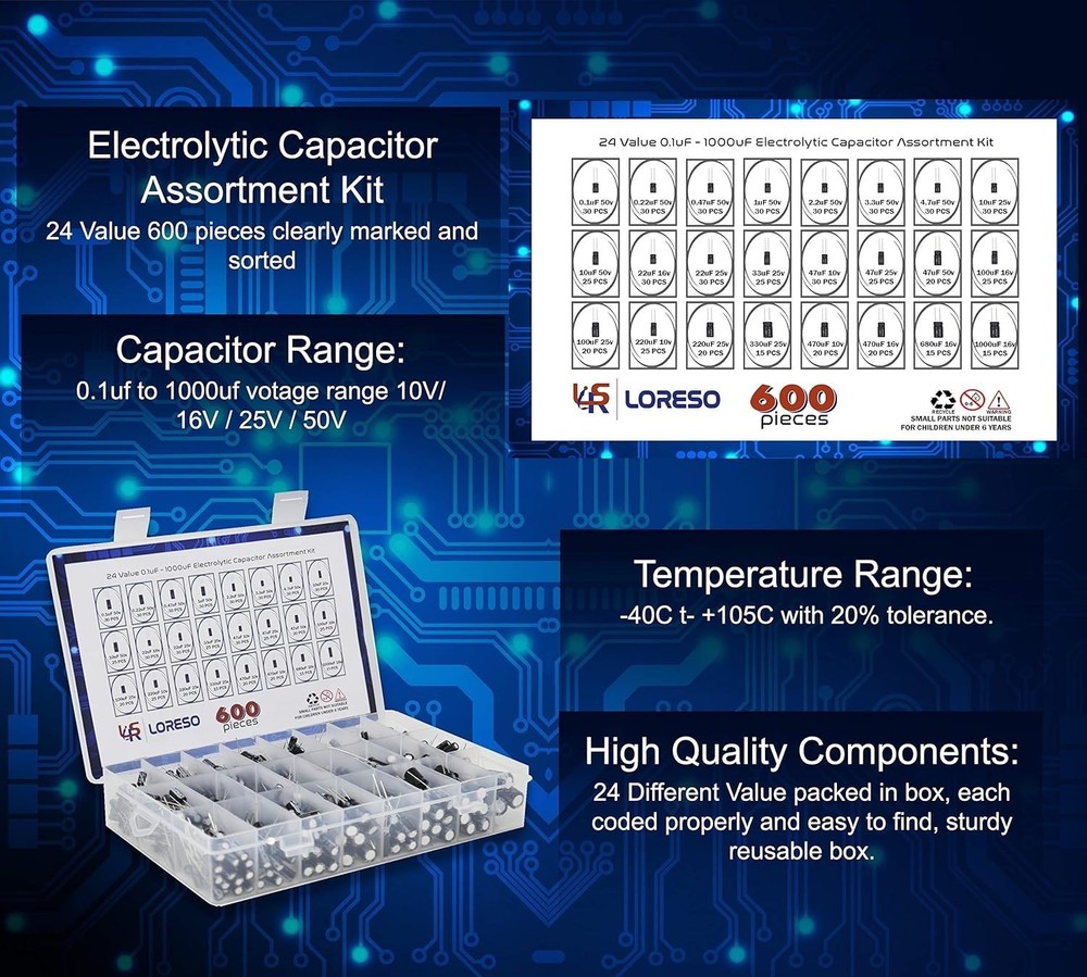 Electrolytic Capacitor Pack 600 pcs Assortment Kit 24 Values for Electronics ...