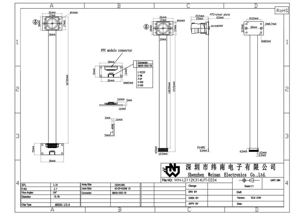 2MP AR0234 Sensor Global Shutter Fixed Focus 90fps USB2.0 Camera Module