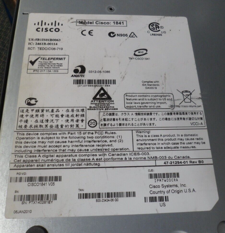 Cisco Model: 1841 Integrated Services Router
