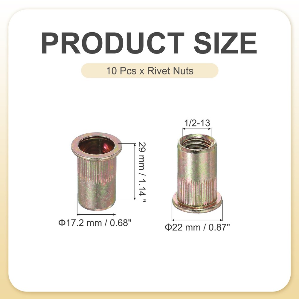 10 Pcs 1/2-13 Rivet Nuts Galvanized Carbon Steel Knurled Flat Head Insert Nuts