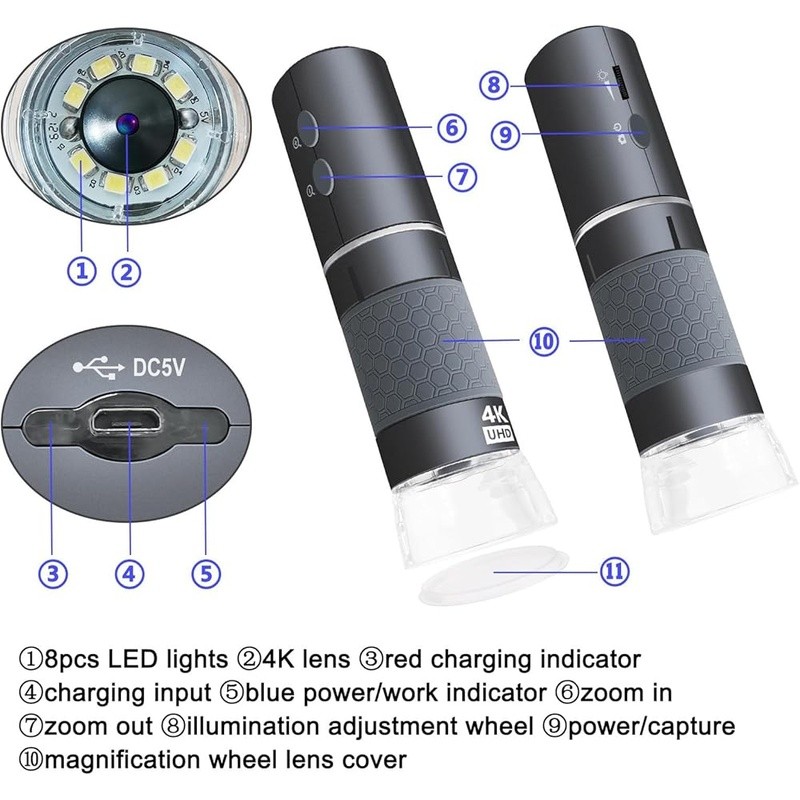 4K WiFi Digital Microscope 1000x Magnification LED Light Handheld USB Compatible