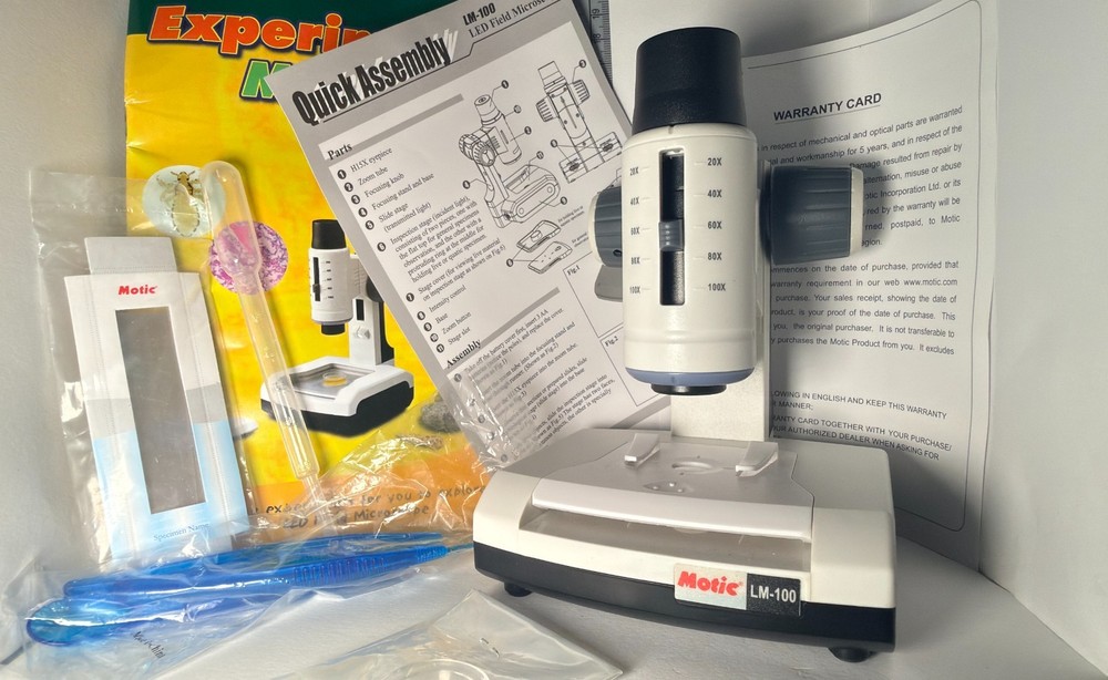 Motic LM-100 Microscope Kit WORKING w Case Sample Slides Tools Student Lab Set