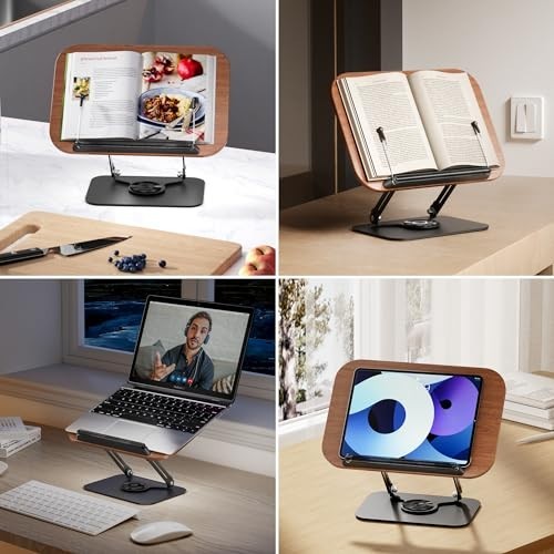 Adjustable Book Stand with 360° Rotation, Foldable Design, Elastic Clips - Ideal