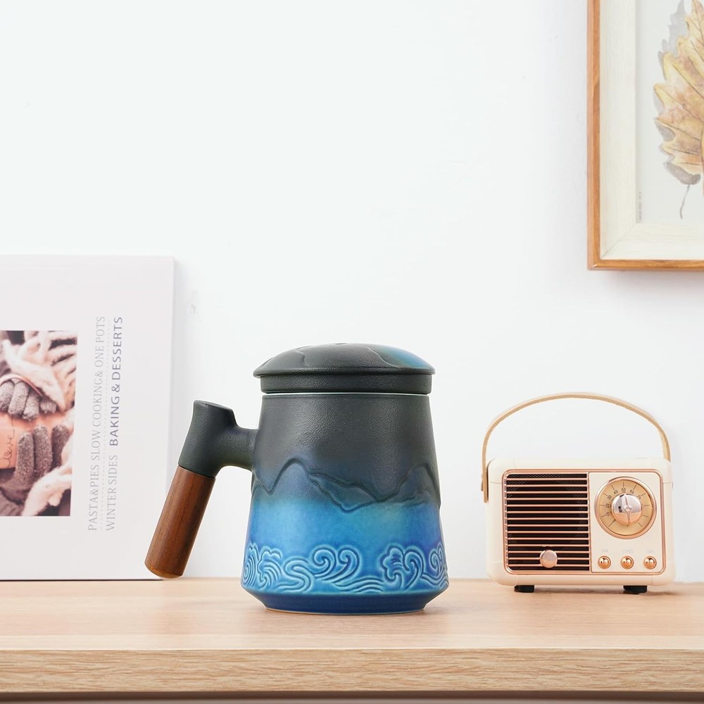 Tea Cup with Infuser and Lid for Loose Leaf Steeping, 16.9oz Embossed Ceramic...