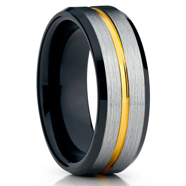 Tungsten 8mm Ring (Silver With Yellow Stripe & Black Inside)