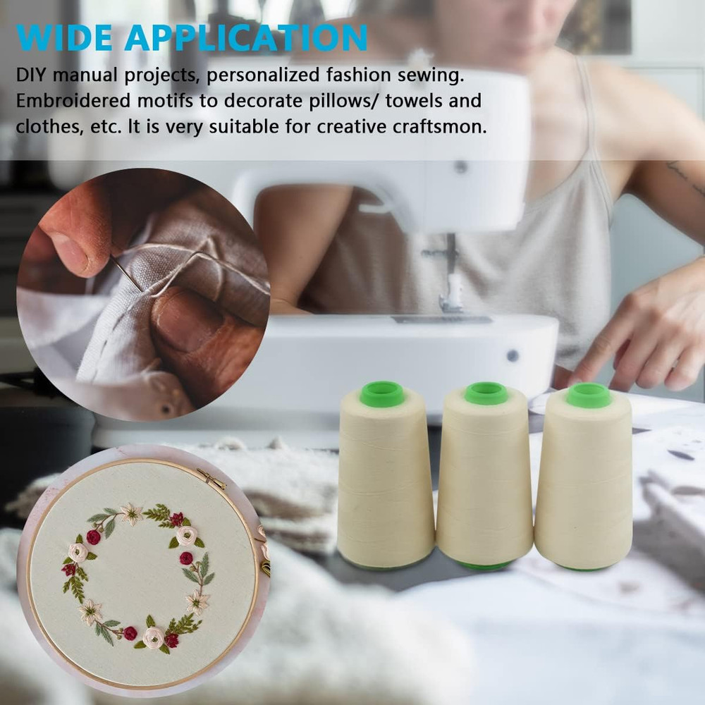 Raw White All Purpose Cotton Thread - 3 Spools, 40/2 Connecting Threads for Serg