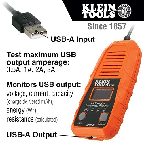 Klein ET910 USB Power Meter and Tester, USB-A Digital Meter for Voltage, Current