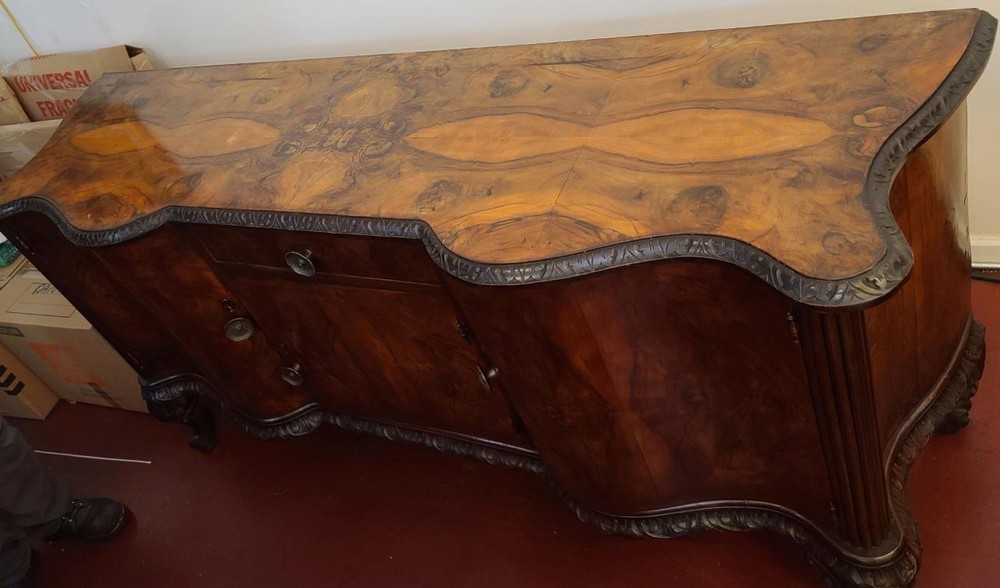 Incredible French Victorian Solid Burled Walnut Sideboard & Glass Top - GDC