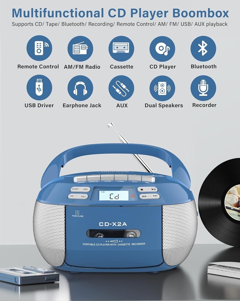 Compact Wireless Bluetooth Boombox with Cassette Player and Remote Functionality
