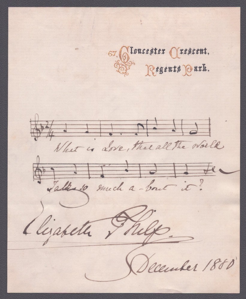 ELIZABETH PHILP - AUTOGRAPH MUSICAL QUOTATION SIGNED 12/1880