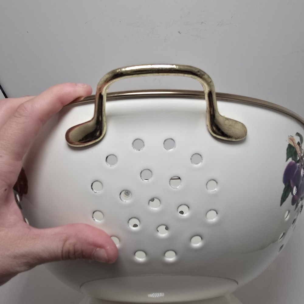 Vintage Cornucopia Enamel and Brass Colander/ Strainer Mixed Fruit Design
