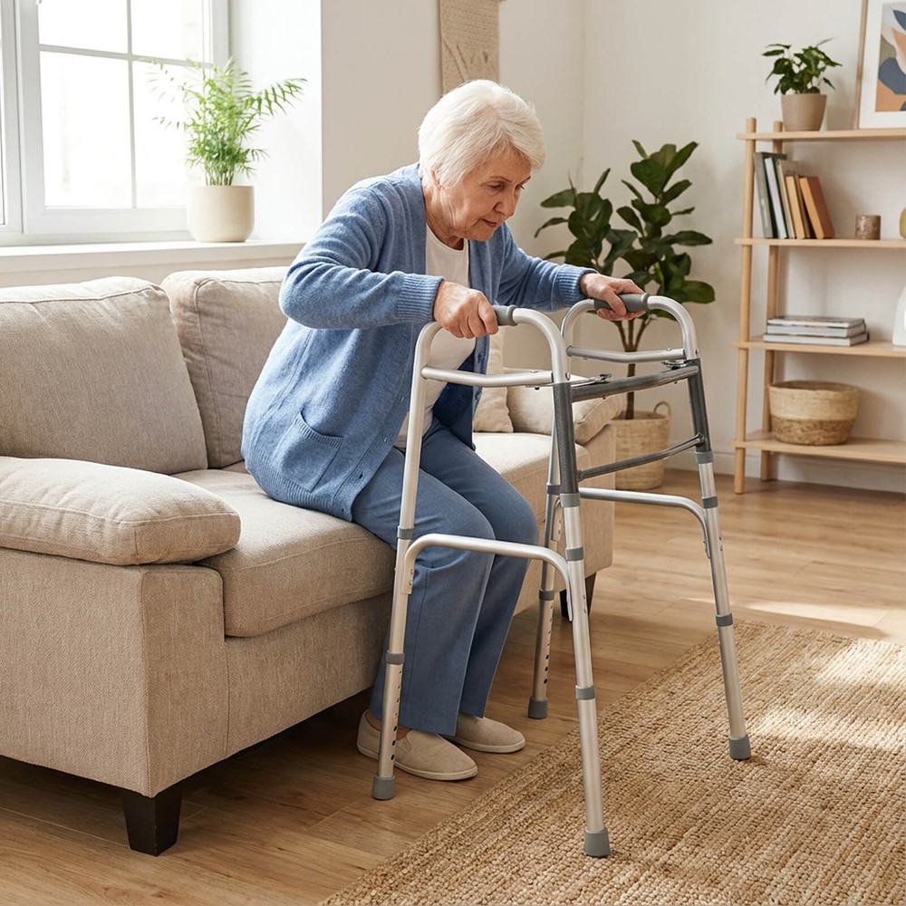 7-Level Adjustable Height, Lightweight Aluminum Mobility Aid, 2-Button Folding