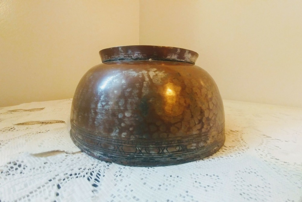 Antique Middle Eastern Hammered Copper Footed Bowl Marked