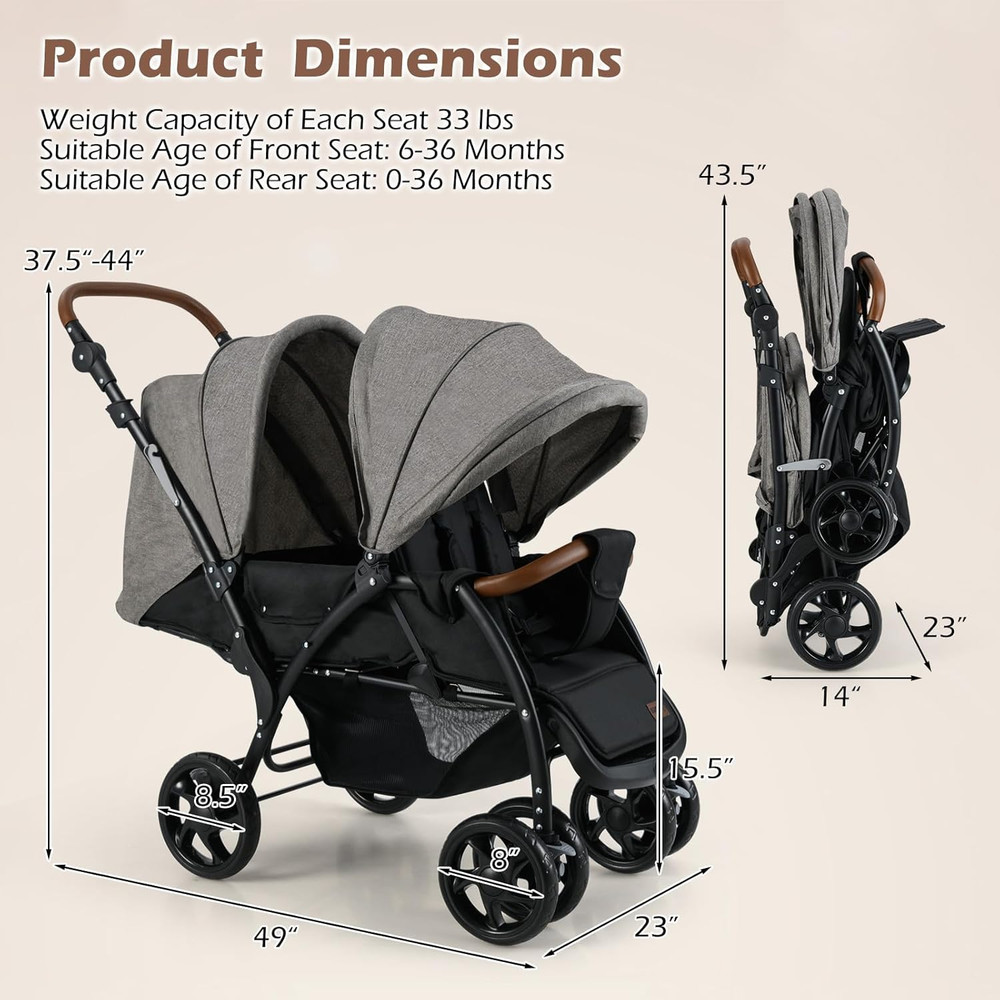 Compact Double Stroller with Adjustable Canopy, Harness & Storage Basket