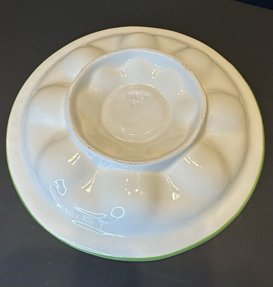 Round Deviled Egg Plate White/Yellow/Green Ceramic Great for Easter Eggs too!