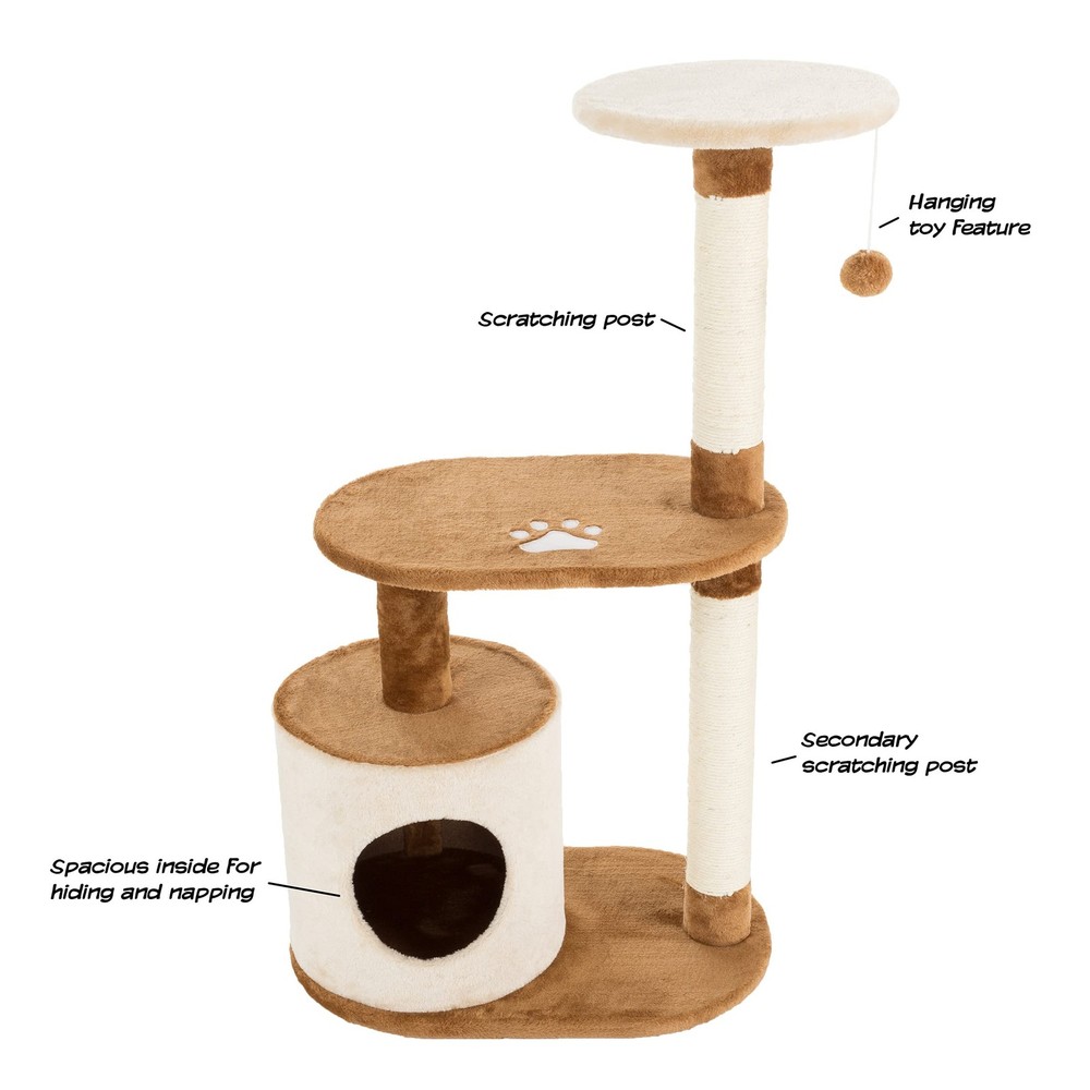 Three Tier Cat Scratching Post And Interactive Cat Tree Brown Tan 37.5 Inches