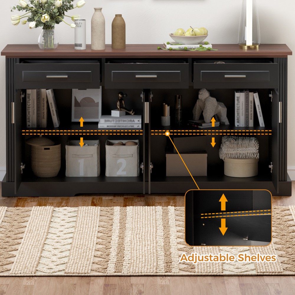 Modern Fluted Sideboard Buffet w/4 Doors & 3 Drawers for Kitchen Dining