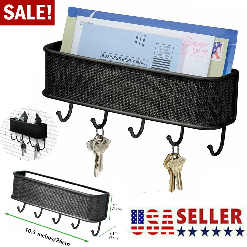Wall-Mounted Key Holder & Mail Organizer with 5 Hooks - Entryway Storage & Decor