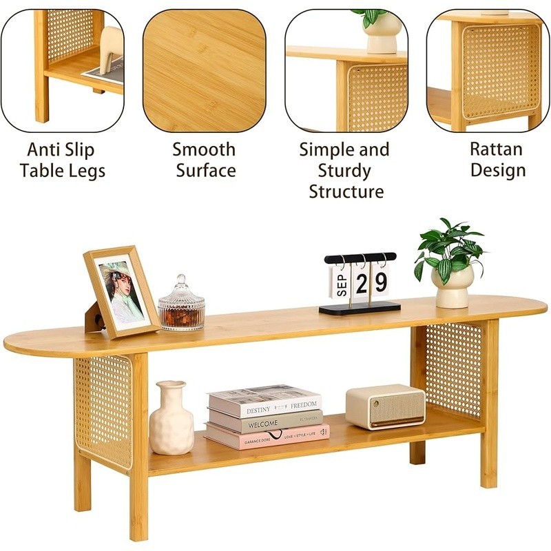 Bamboo TV Stand Rattan Design Ample Storage Multi-Functional Easy Assembly New