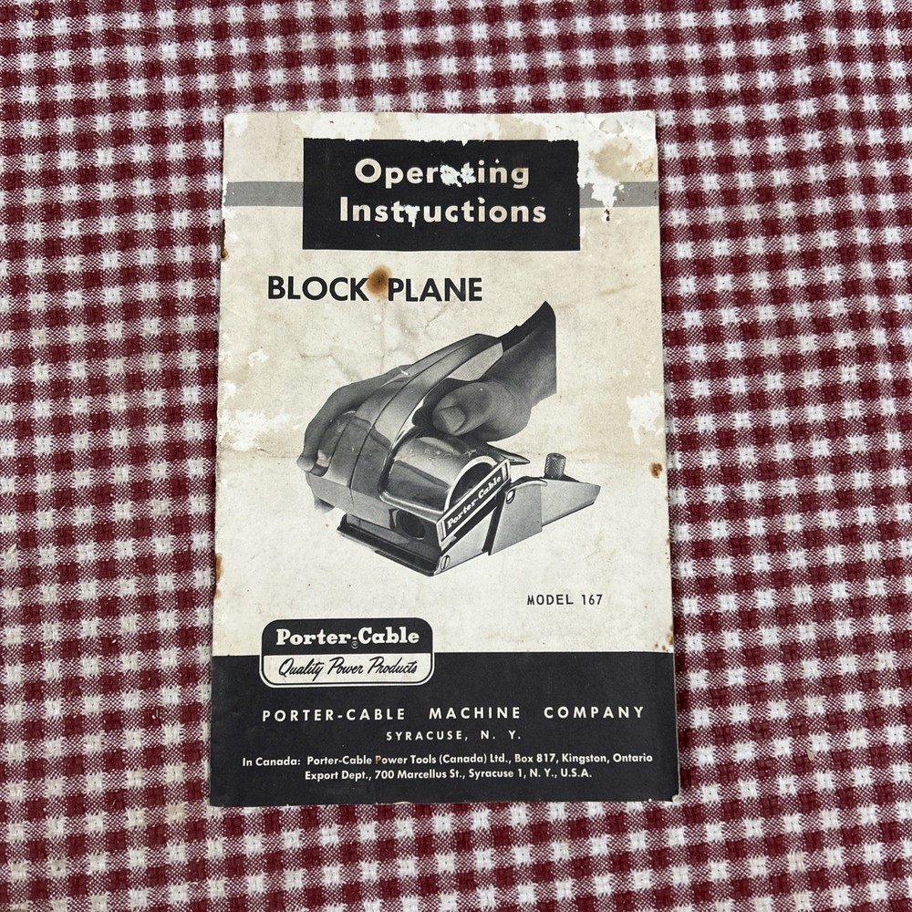 Porter Cable 167 Block Plane Owners Manual