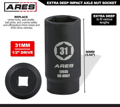 ARES 12035-31MM Axle Nut Socket - 6 Point - Extra Deep 31mm 6-Point