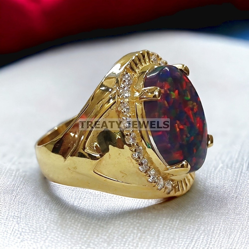 Black Opal Oval Cut With 14K Solid Gold Ring For Men's #A202