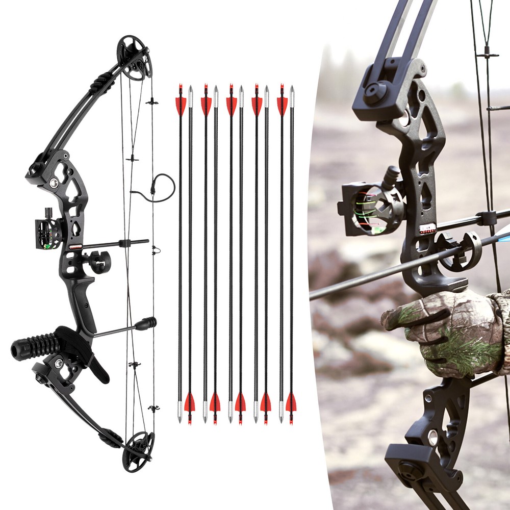 Black Right-Hand Compound Bow Kit for Beginners - Adjustable 30-55 lbs
