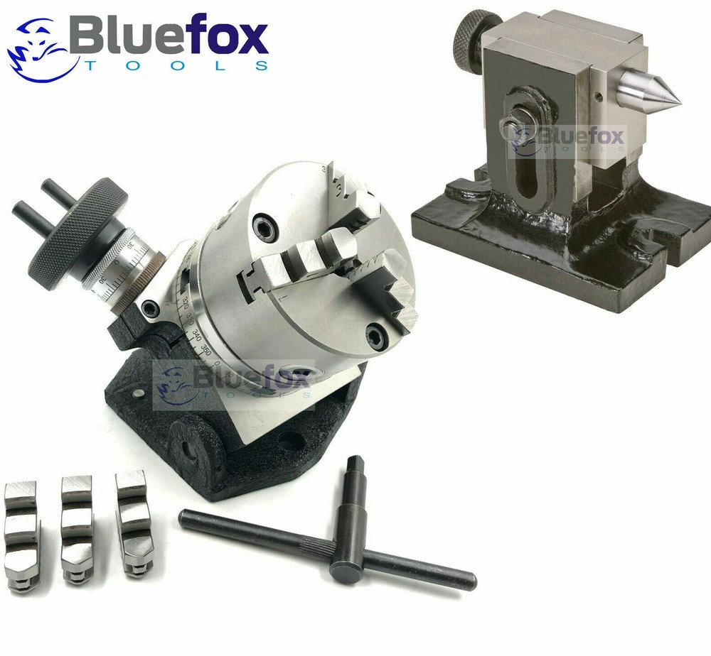 TILTING ROTARY TABLE 4" WITH 100MM SELF CENTERING CHUCK & SINGLE BOLT TAILSTOCK