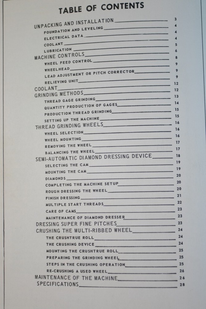 Sheffield 133 Thread Form Grinder Operators and Maintenance Manual