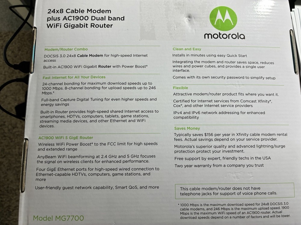 Motorola 24x8 Cable Modem Plus AC1900 WiFi
