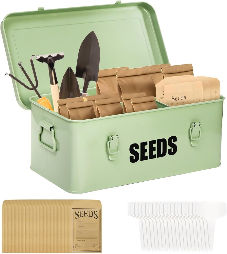 Metal Seed Storage Organizer with 4 Compartments, Labels, and Envelopes