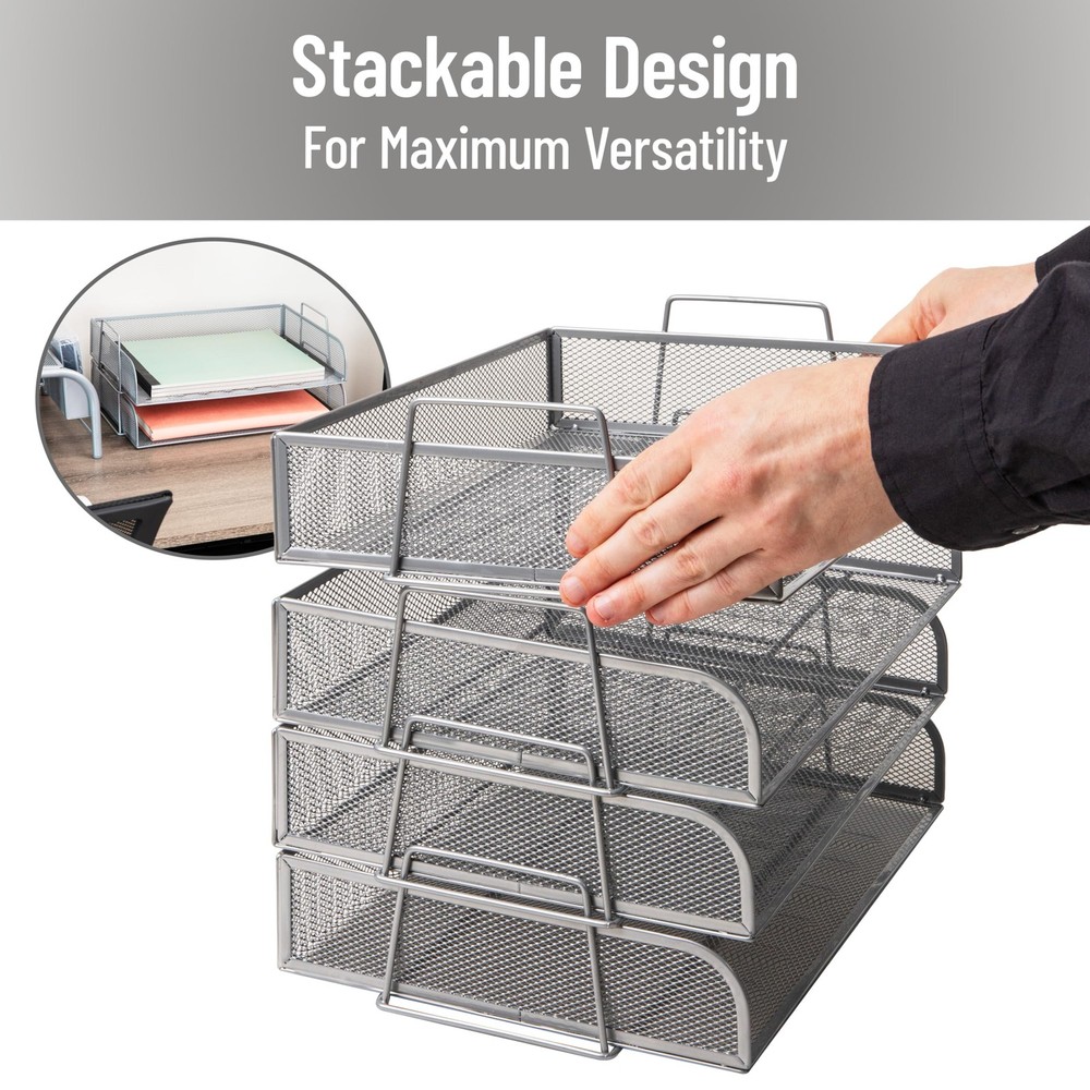 Stackable Tray, Desktop Organizer, File Storage, Office, Metal Mesh, 4 Pcs., ...
