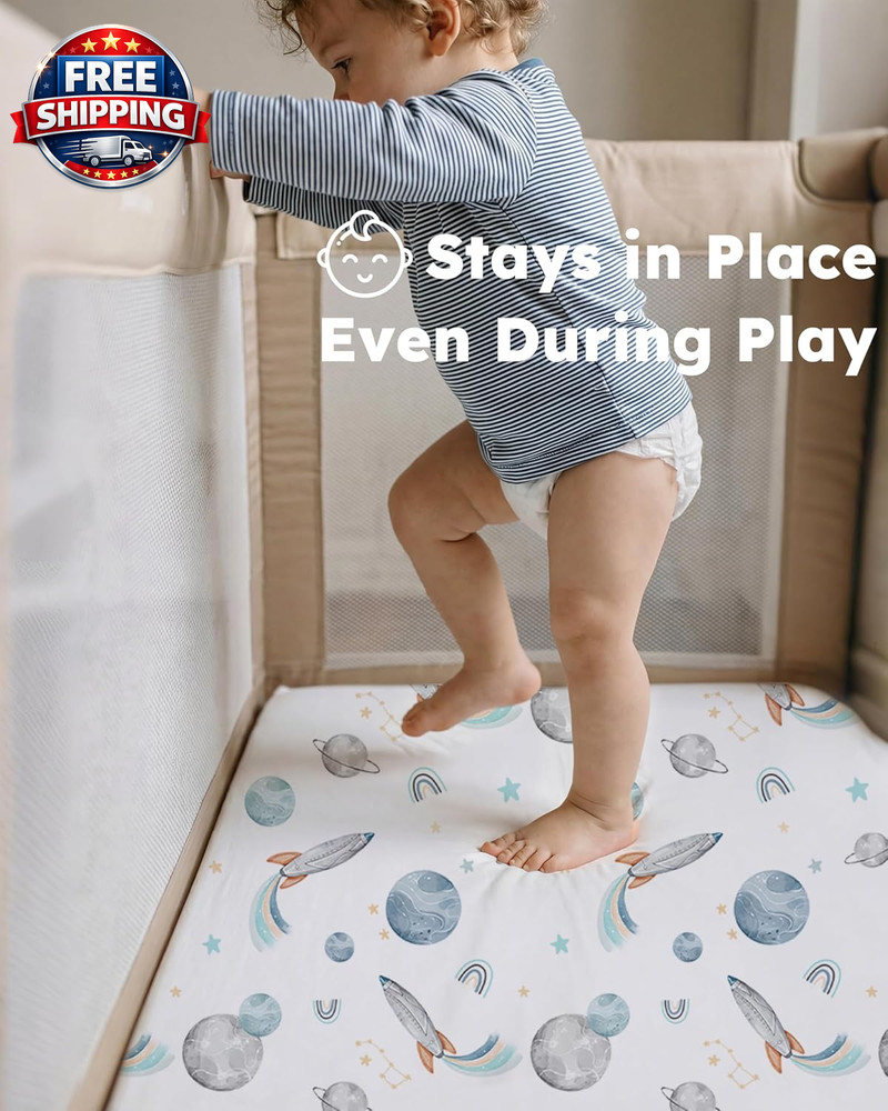 Blue Rocket Pack and Play Sheets for Mini Crib, 2-Pack Fitted Soft Sheets