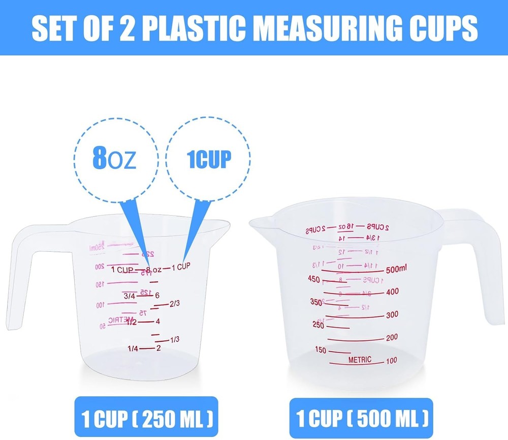 2 Pack Measuring Cup Set Includes 250Ml 1-Cup & 500Ml 2-Cup Plastic Liquid